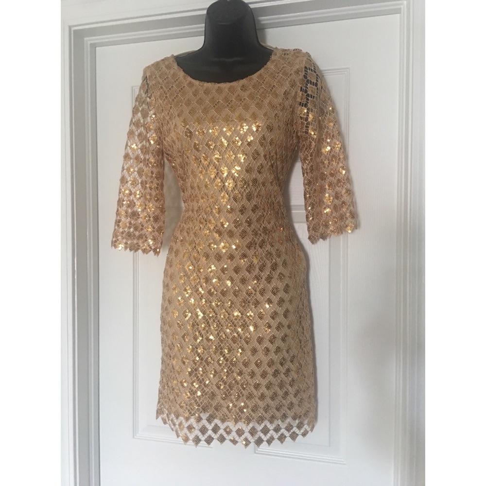 Gold Sequins 3/4 Sleeve Mini Dress